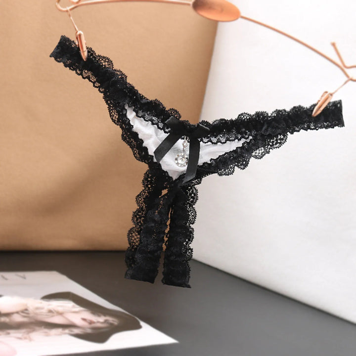 Open Crotch Lace T-Back Thong – Low Waist Crotchless Panty with Pendant Accent
