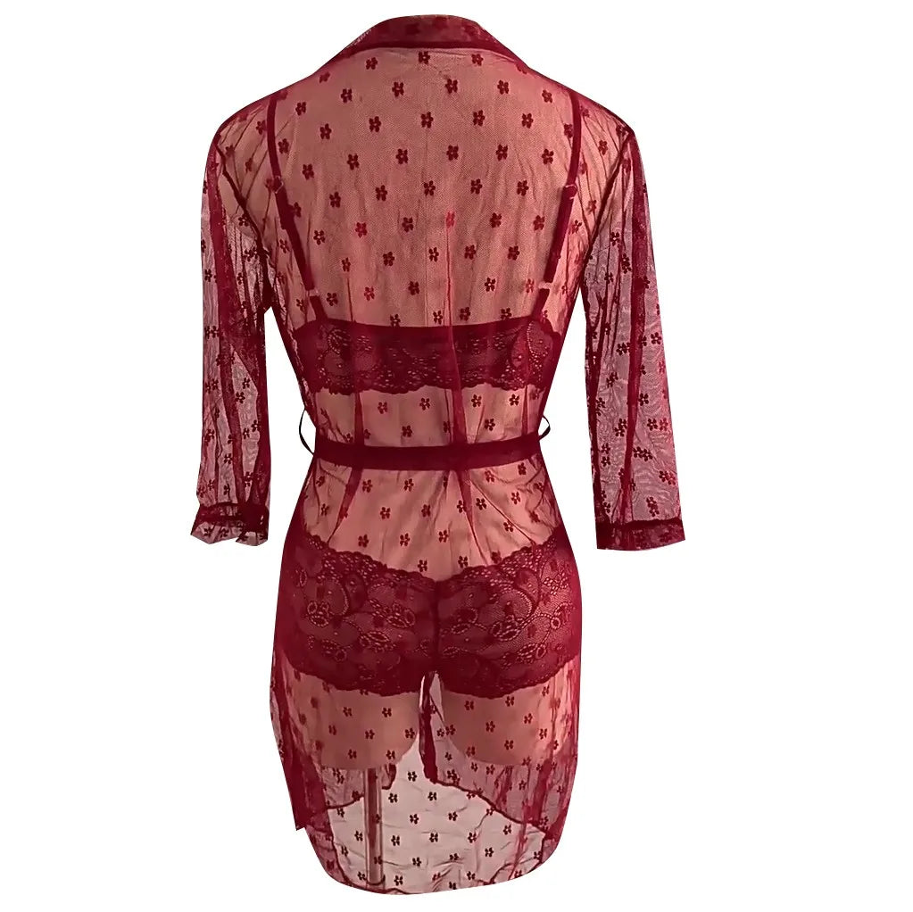 3-Piece Sheer Lace Lingerie Set with Kimono Robe – Bra, Panty & Robe for Women