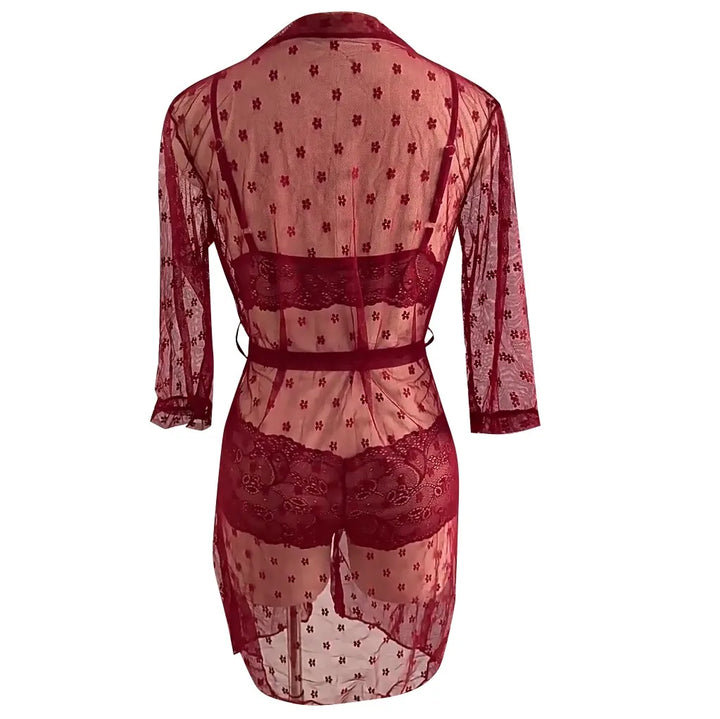 3-Piece Sheer Lace Lingerie Set with Kimono Robe – Bra, Panty & Robe for Women