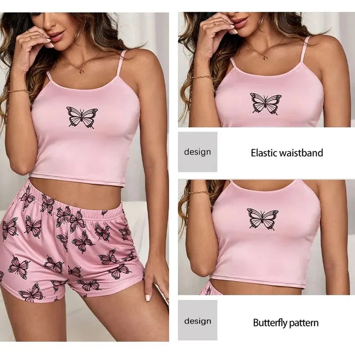 Women’s Butterfly Camouflage Pajama Set – Spaghetti Strap Cami & Shorts Two-Piece Loungewear