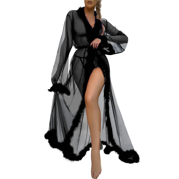 Women Sexy Lace Tulle Robe Sheer Long Robes Bathrobe Underwear Perspective Nightgown Layered Ruffles Bath Robe Gown Sleepwear