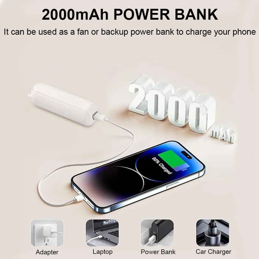 Portable Fan Super Mini Handheld Fan USB Rechargeable Fan Foldable Hand Held Small Pocket Fan with 2000mAh Power Bank 3 Gears