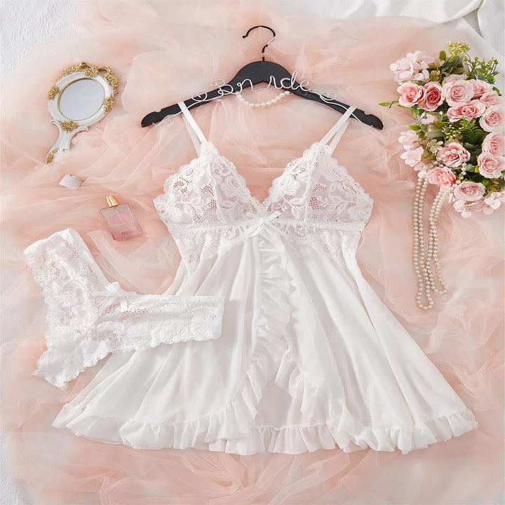 Fashion Sexy Lace Chiffon Mesh Nightdress Lingerie Set – Backless, Breathable & Elegant