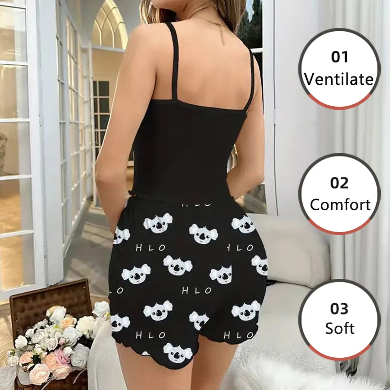 Dreamy Koala™ Pajama Set  Cartoon Print Sports Cami & Shorts Sleepwear