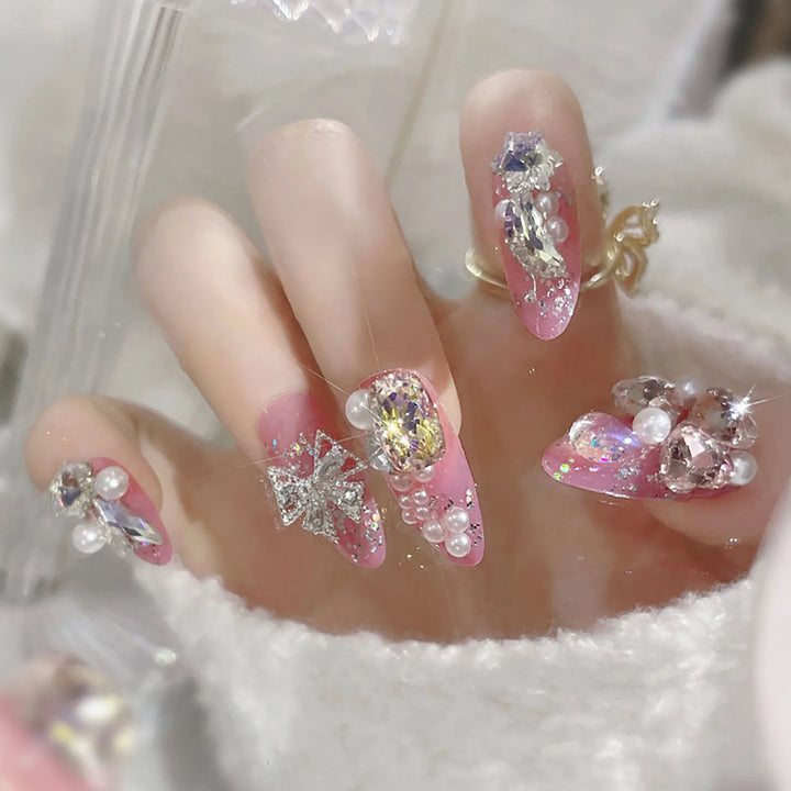 Mid-length French Press-on Nails with Silver Heart Accent – Gentle Pink & White Fade-resistant Artificial Nails – 24pcs