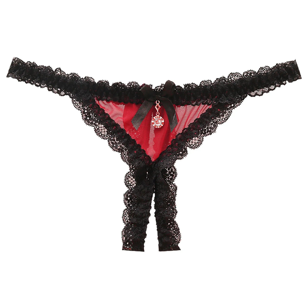 Open Crotch Lace T-Back Thong – Low Waist Crotchless Panty with Pendant Accent