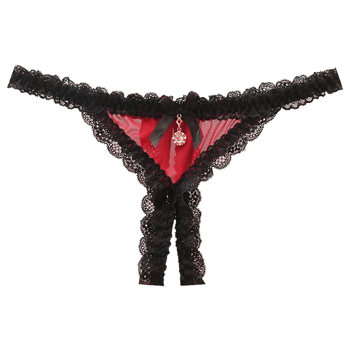 Open Crotch Lace T-Back Thong – Low Waist Crotchless Panty with Pendant Accent
