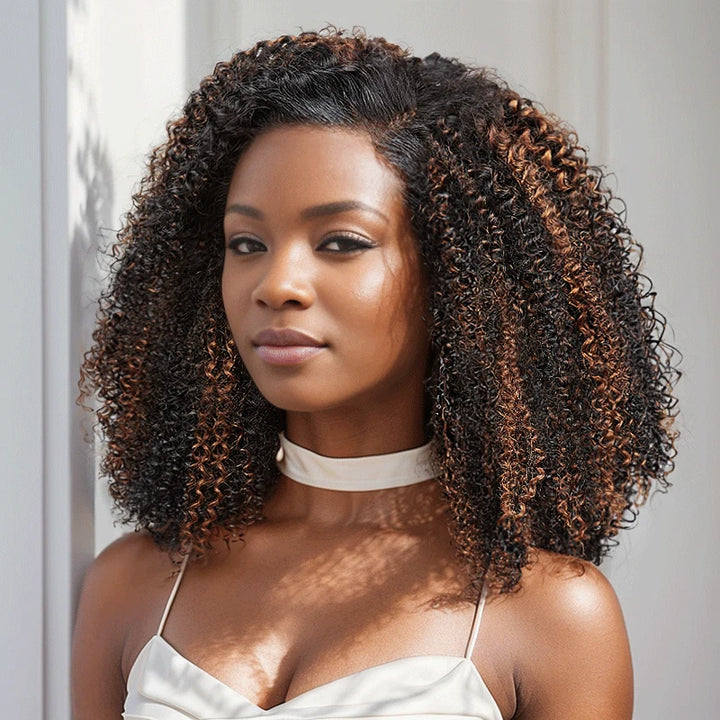 Ombre Kinky Curly Bob – Glueless 9x6 Lace Closure Wig in Warm Brown