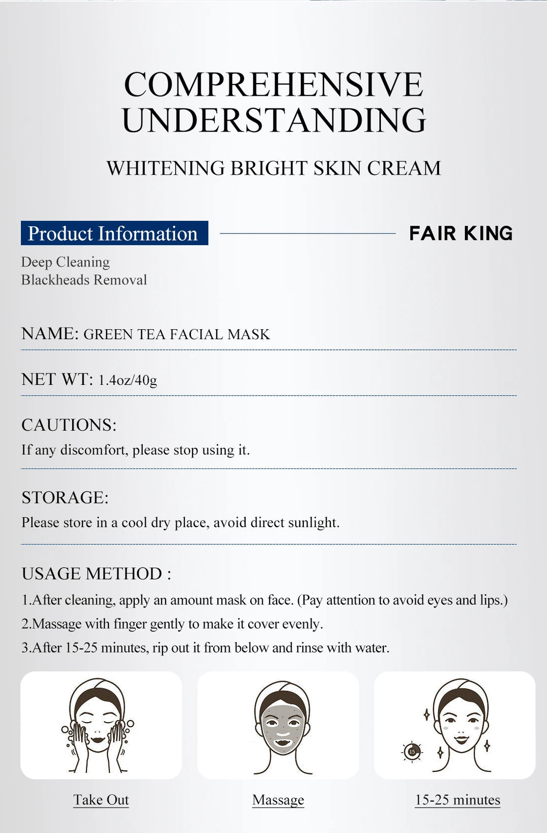 FAIR KING Green Tea Cleansing Mask – Blackhead Remover, Acne Treatment, Oil Control Peel-Off Face Mask (40g)
