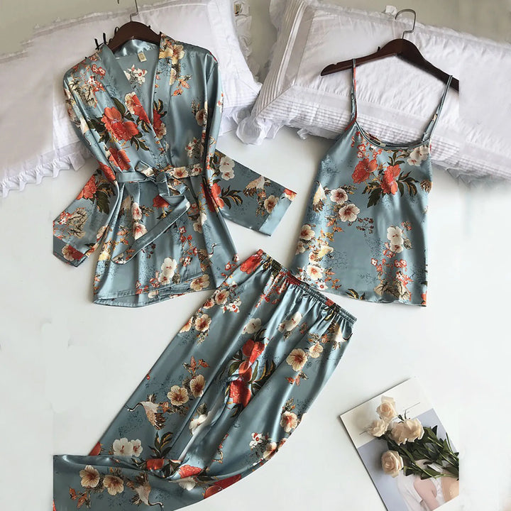 Romantic Lingeries And Robe Women'S Floral Print Homewear Nightdress Soft Ice Silk Sleepwear Three Piece Suit Lace Pajamas Set