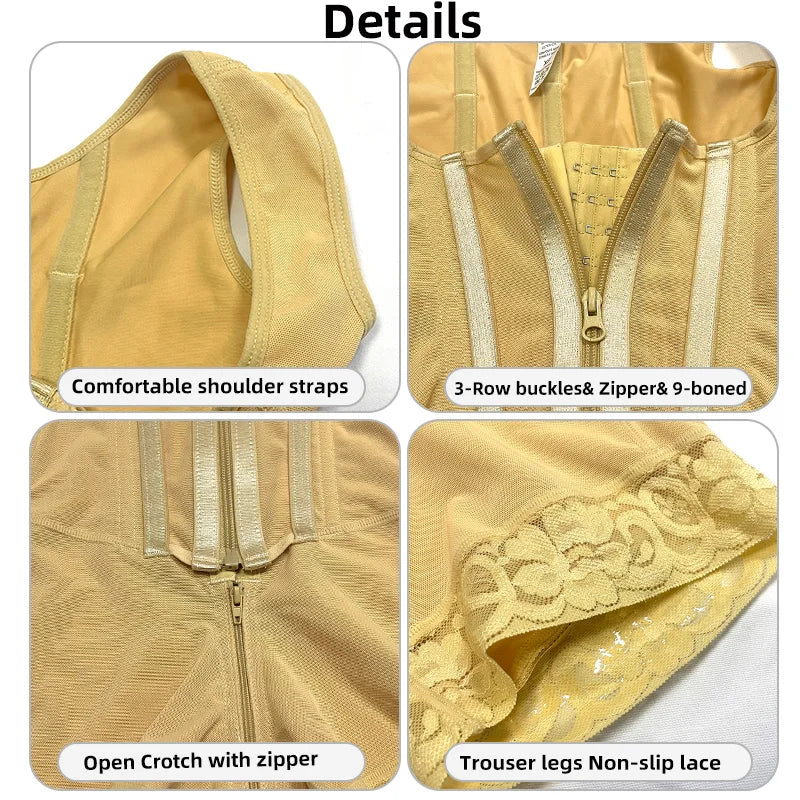 Colombian Curves™ 9-Bone Full Body Shaper – Double Tummy Control Bodysuit with Zipper & Open Crotch