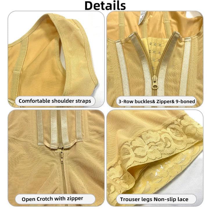 Colombian Curves™ 9-Bone Full Body Shaper – Double Tummy Control Bodysuit with Zipper & Open Crotch