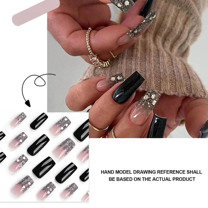24pcs Black & Nude Squoval Nail Tips – Long Square Ombre Artificial Nails – Removable Resin Manicure Set