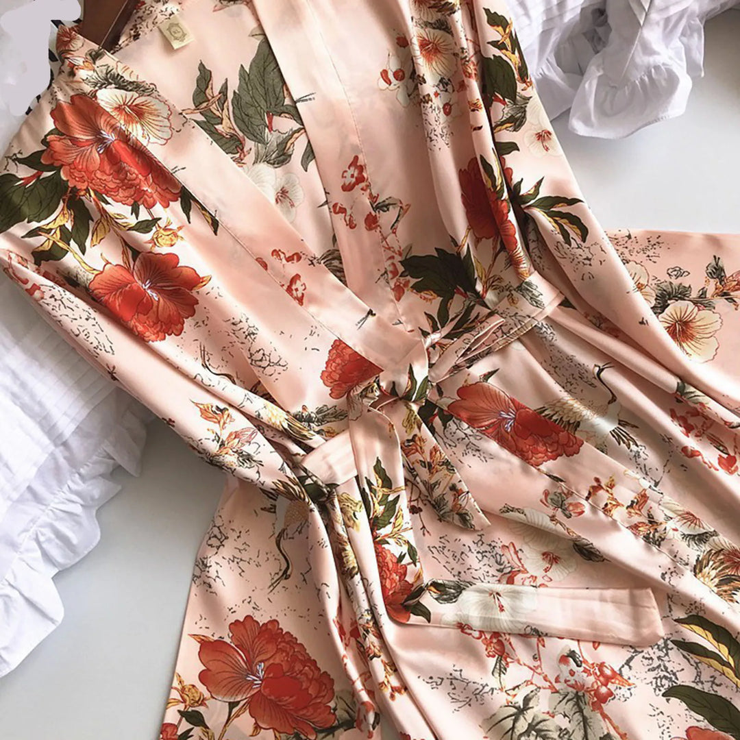 Romantic Lingeries And Robe Women'S Floral Print Homewear Nightdress Soft Ice Silk Sleepwear Three Piece Suit Lace Pajamas Set