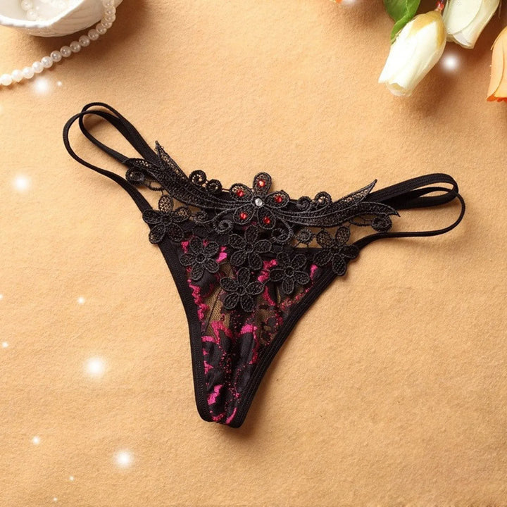 Floral Embroidered Lace G-String – Strappy Low-Waist Hipster Thong for Women