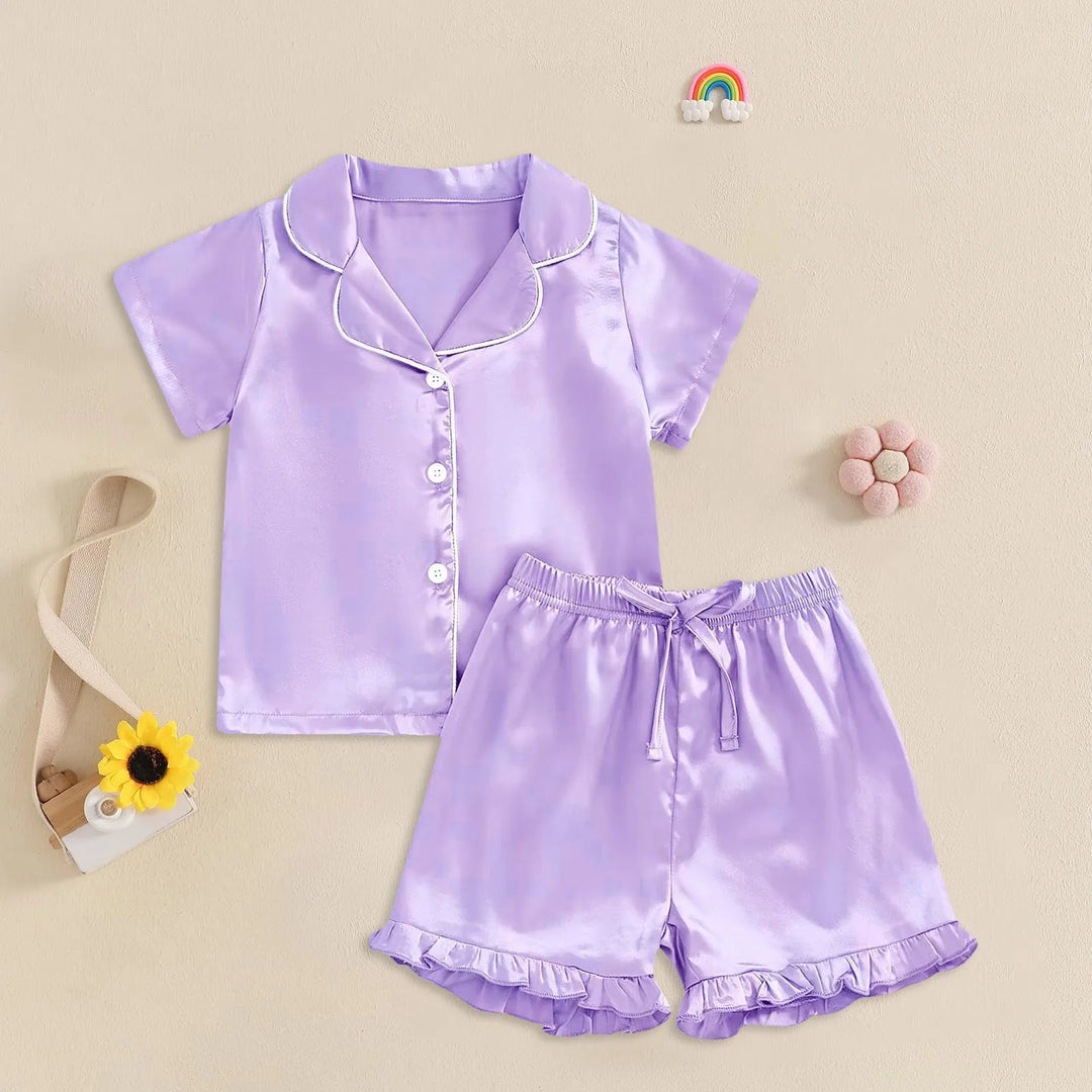 FeatherDreams™ Toddler Satin Pajama Set – Short Sleeve with Feather Trim  For Ages 1–13 Years | Lightweight, Silky & Adorable