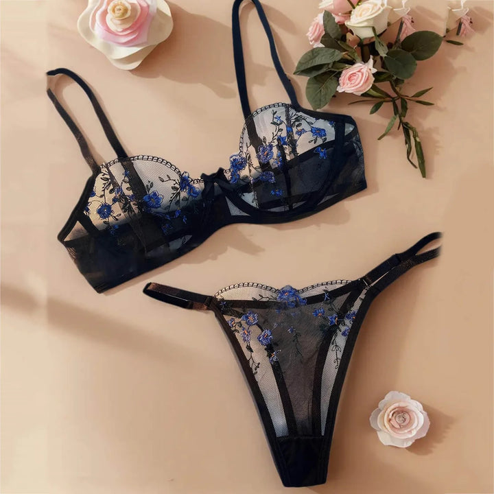 Women’s Elegant Floral Lace Lingerie Set – Sheer Embroidered Mesh Bra & Panty