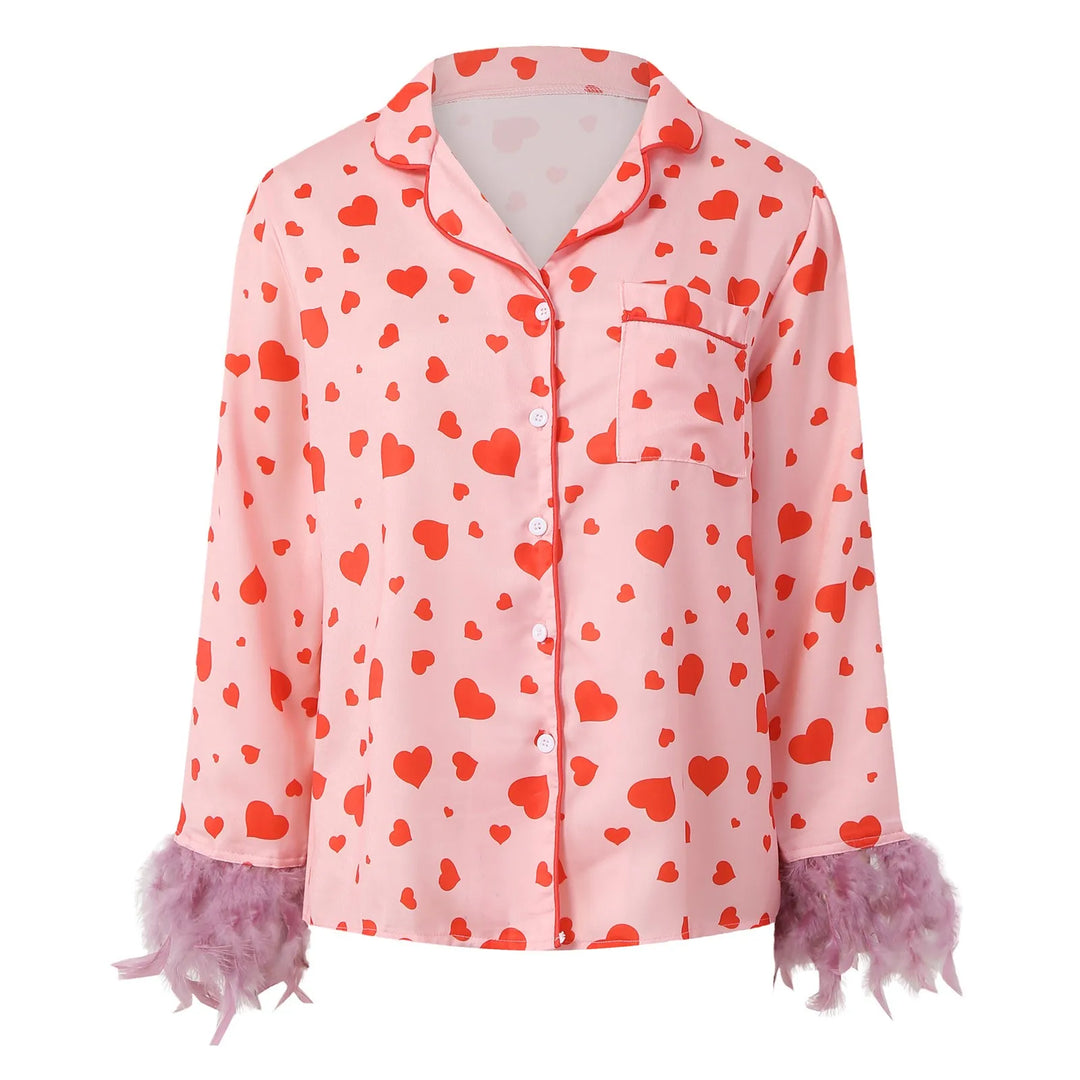 Women’s Satin Pajama Set – Heart Print Button-Down Loungewear with Feather Trim Long Sleeve Top & Pants