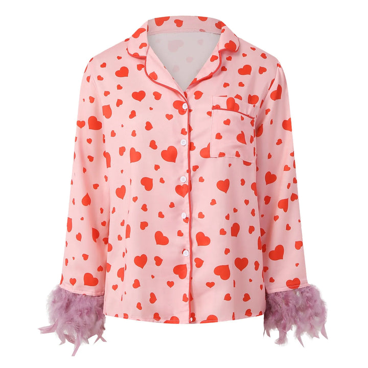 Women’s Satin Pajama Set – Heart Print Button-Down Loungewear with Feather Trim Long Sleeve Top & Pants