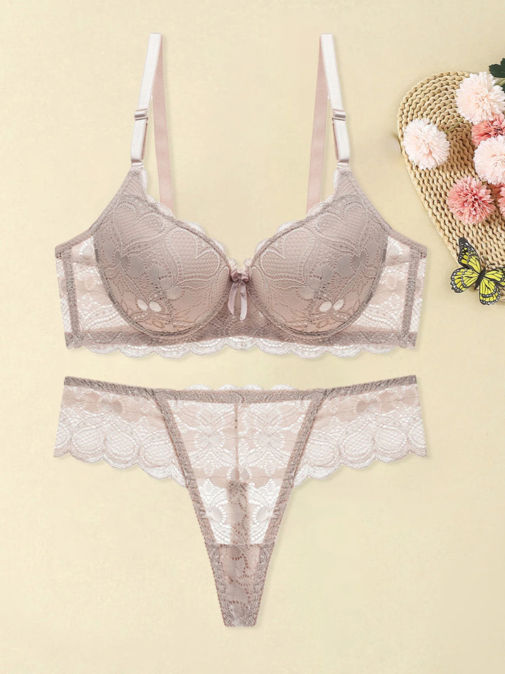 EmpowerEase Seductive Lace Lingerie Set – Sheer Mesh Bra & Panty with Garter Belt