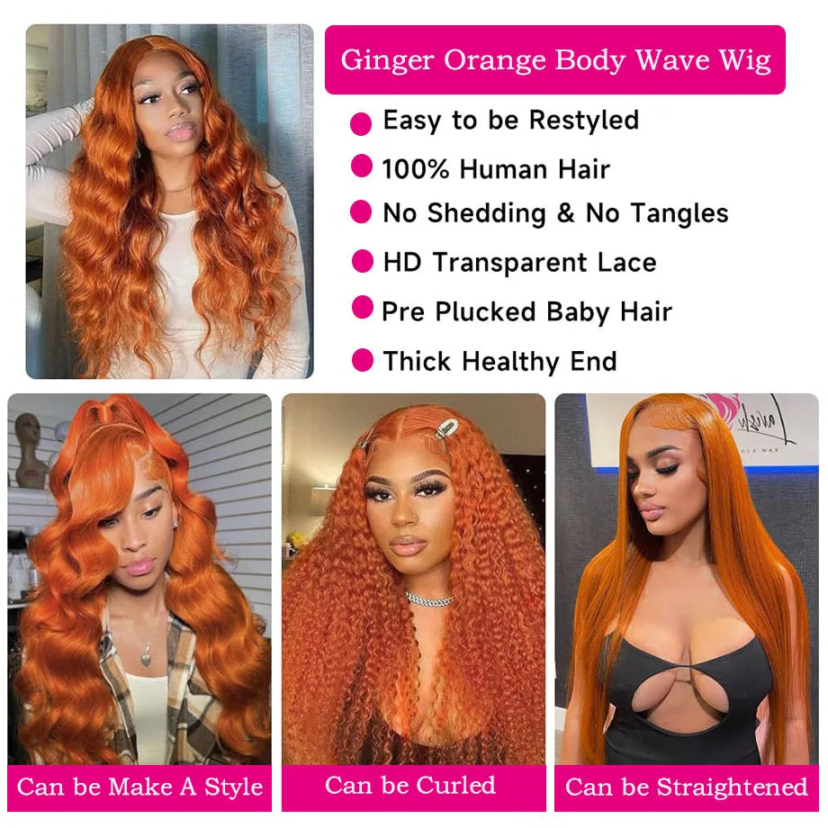 Sunlit Ginger Body Wave Wig – Long 100% Human Hair with HD Lace Front