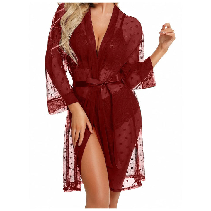 3-Piece Sheer Lace Lingerie Set with Kimono Robe – Bra, Panty & Robe for Women