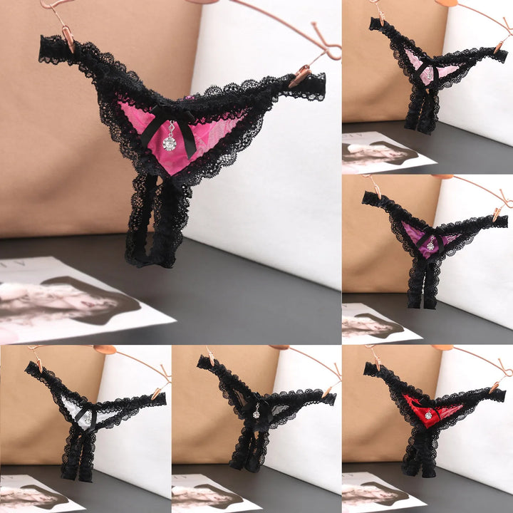Open Crotch Lace T-Back Thong – Low Waist Crotchless Panty with Pendant Accent