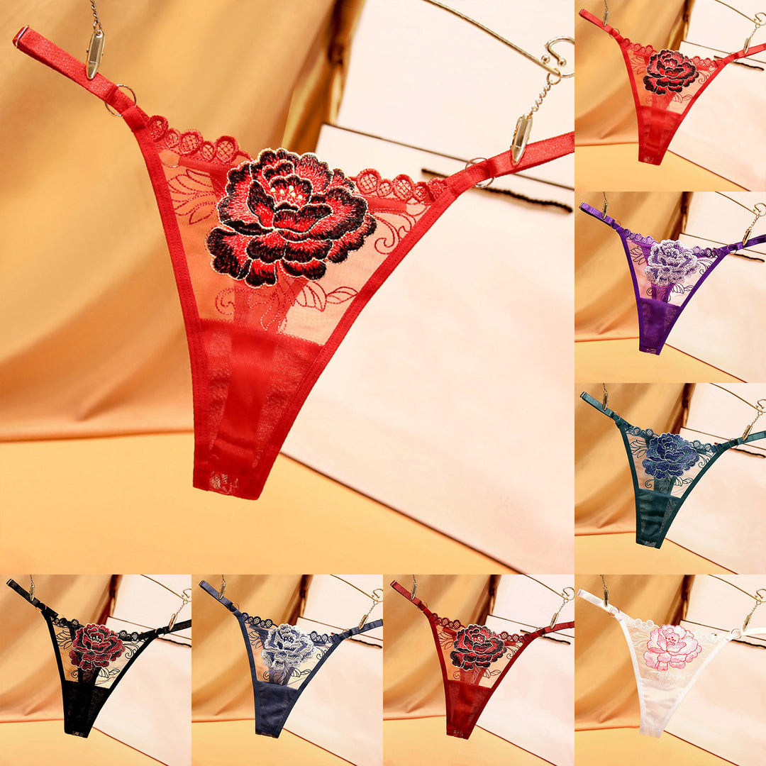 Embroidered Floral Lace Thong – Sexy Low-Waist Cutout Panties for Women