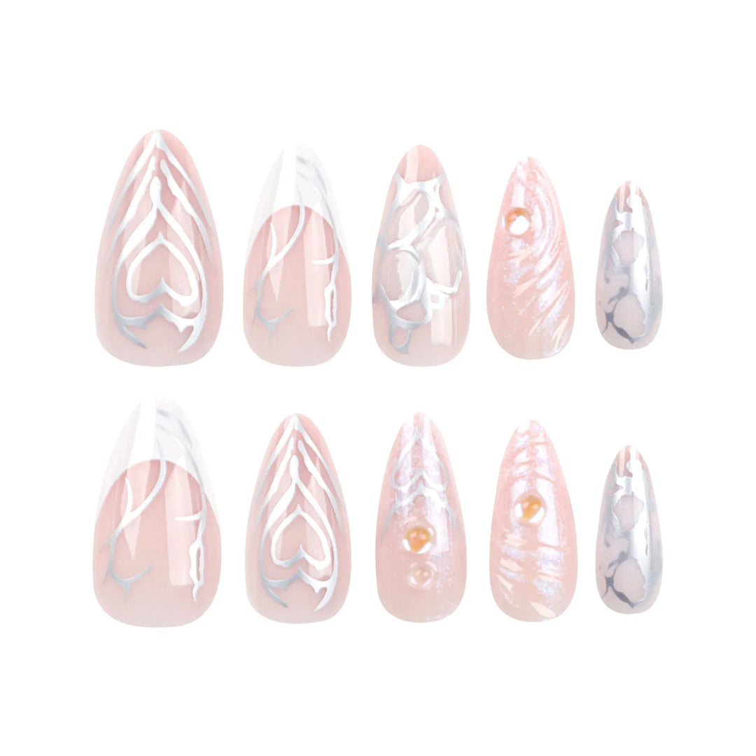 Mid-length French Press-on Nails with Silver Heart Accent – Gentle Pink & White Fade-resistant Artificial Nails – 24pcs