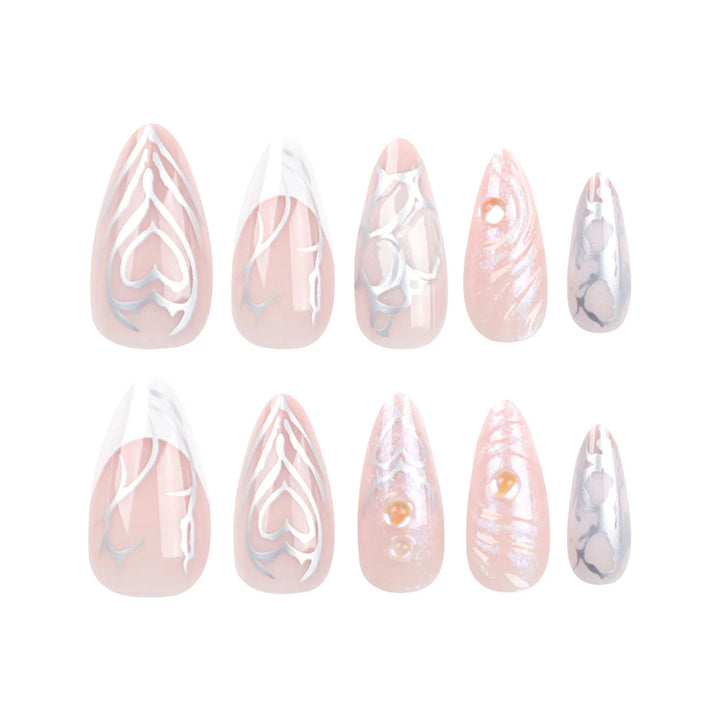 Mid-length French Press-on Nails with Silver Heart Accent – Gentle Pink & White Fade-resistant Artificial Nails – 24pcs