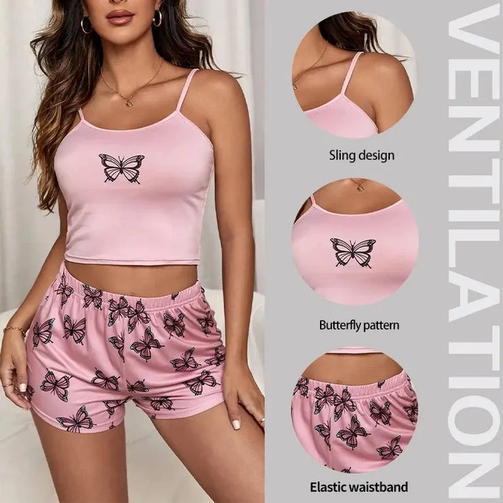 Women’s Butterfly Camouflage Pajama Set – Spaghetti Strap Cami & Shorts Two-Piece Loungewear