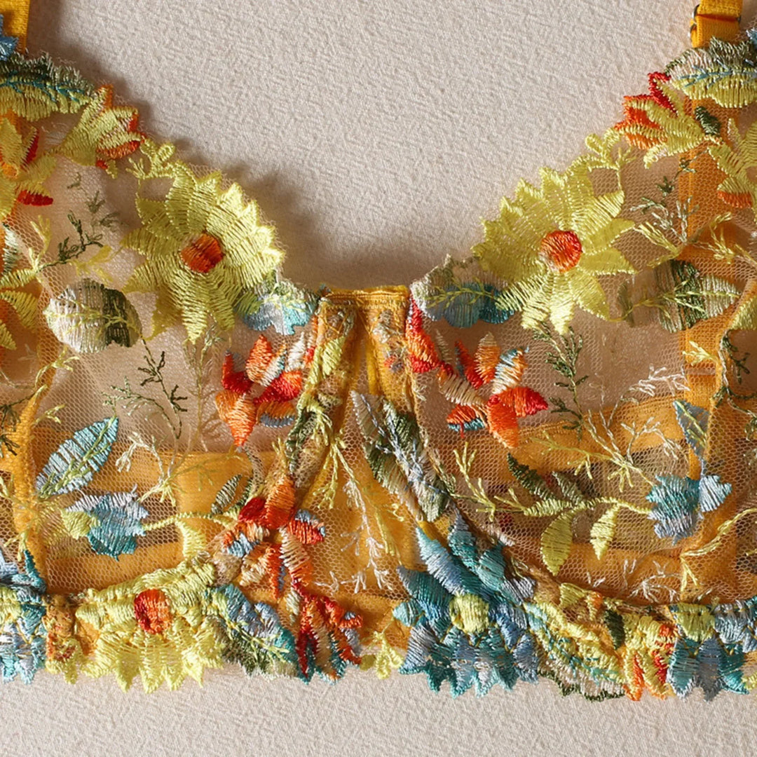 Golden Bloom – Sheer Yellow Flower Embroidered Lingerie Set