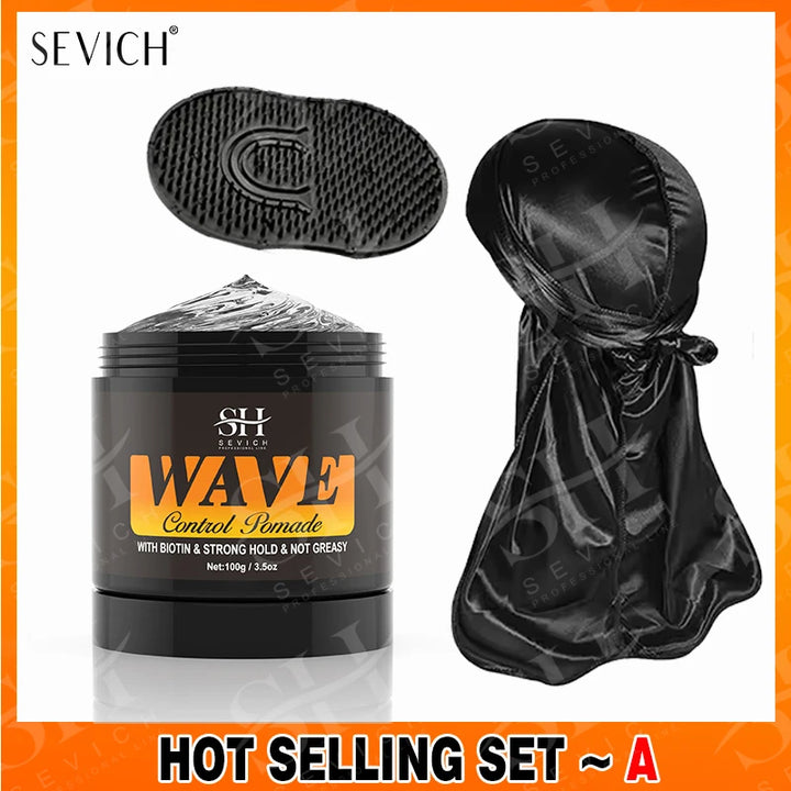 3.53oz Biotin Waves Control Pomade For Men Sevich Sport Strong Hold Wave Hair Gel With Brush Wavy Hair Oil Shampoo Conditioner