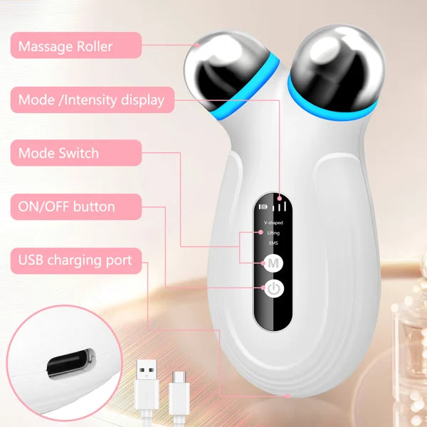 Facial Massager Roller; USB Rechargeable Facial Toning Device for Wrinkle Reduction