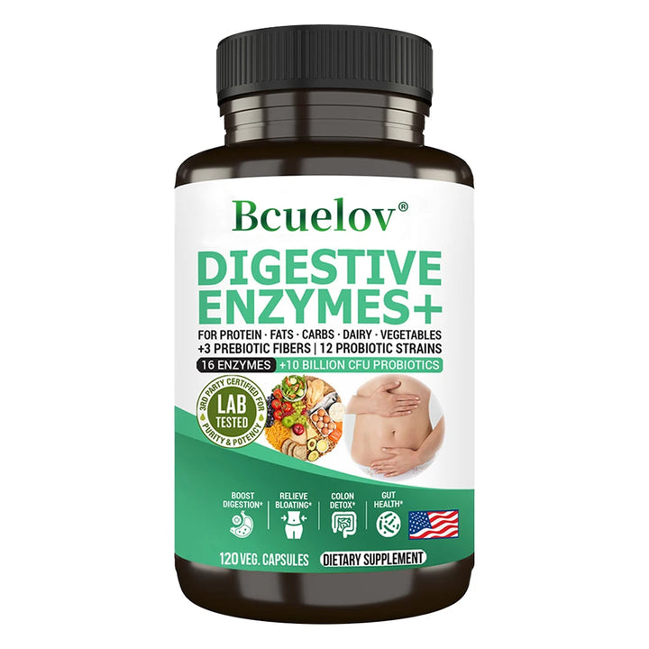 Bcuelov Probiotics + Prebiotics & Digestive Enzymes – Gut Health, Gas Relief & Nutrient Absorption (120 Capsules)