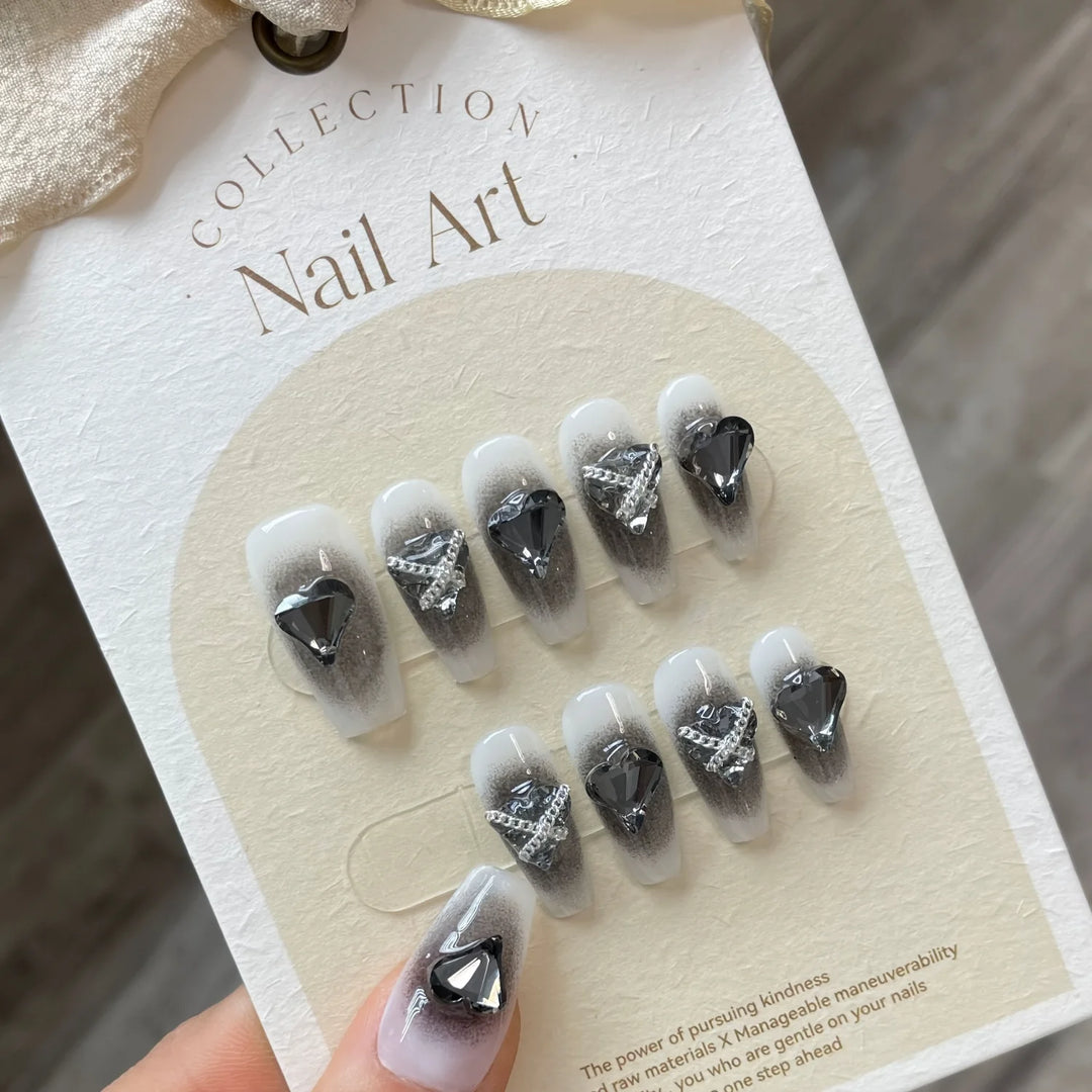10pcs Handmade Black Gradient Press-On Nails – Glossy Medium Ballet Shape with Shining Heart Rhinestones