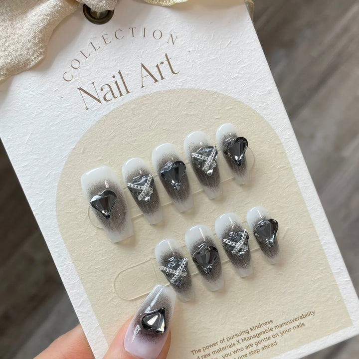 10pcs Handmade Black Gradient Press-On Nails – Glossy Medium Ballet Shape with Shining Heart Rhinestones
