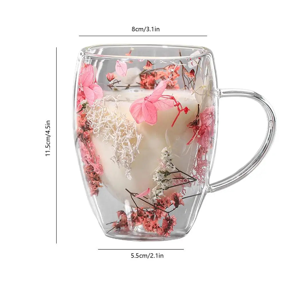 BlossomGlow Double Wall Glass Mug – 350ml Insulated Elegance