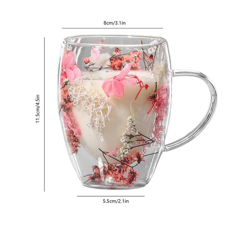 BlossomGlow Double Wall Glass Mug – 350ml Insulated Elegance