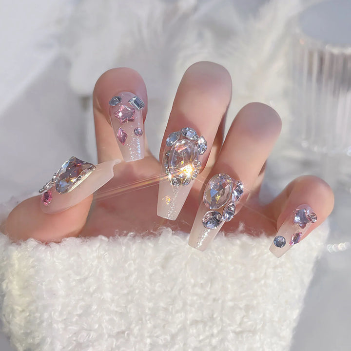 24pcs French Coffin Press-On Nails – White Tips with Star Pattern & Rhinestones, Reusable Resin False Nails for Women & Girls