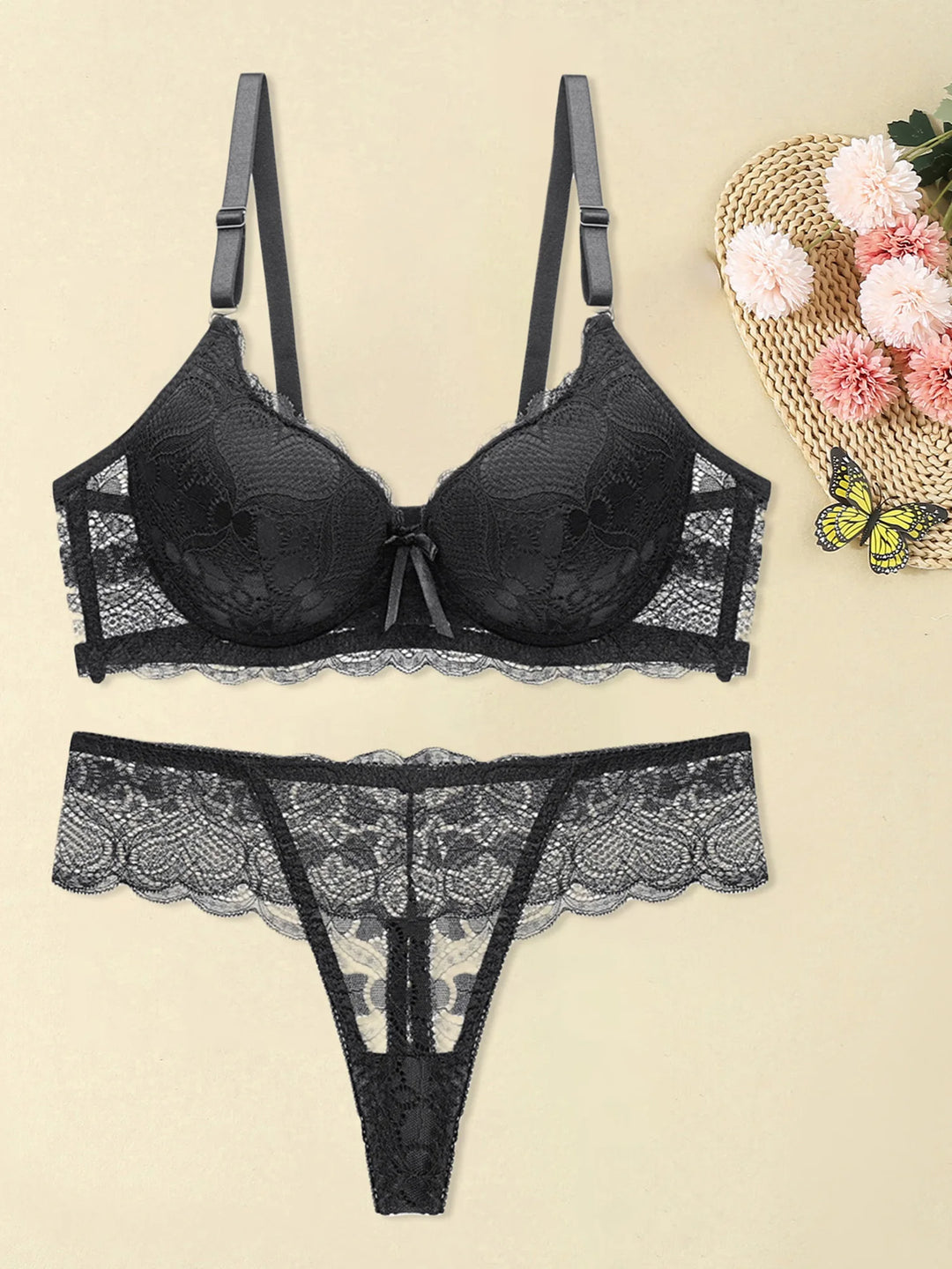 EmpowerEase Seductive Lace Lingerie Set – Sheer Mesh Bra & Panty with Garter Belt