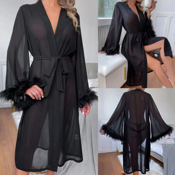 New Summer Women's Robes Simulation Silk Feather Long Long-Sleeved Pajamas Nightgown Robe Comfortable Straps Women's Homewear