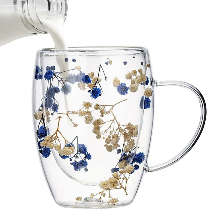 BlossomGlow Double Wall Glass Mug – 350ml Dried Flower Infusion
