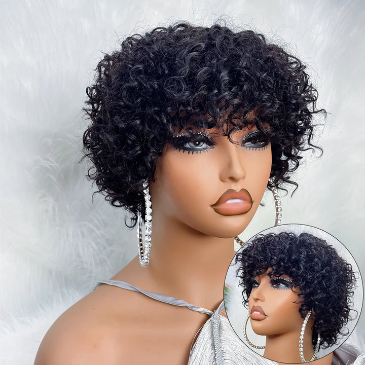 Power Pixie Curl Wig – Short Bouncy Remy Human Hair with Bangs