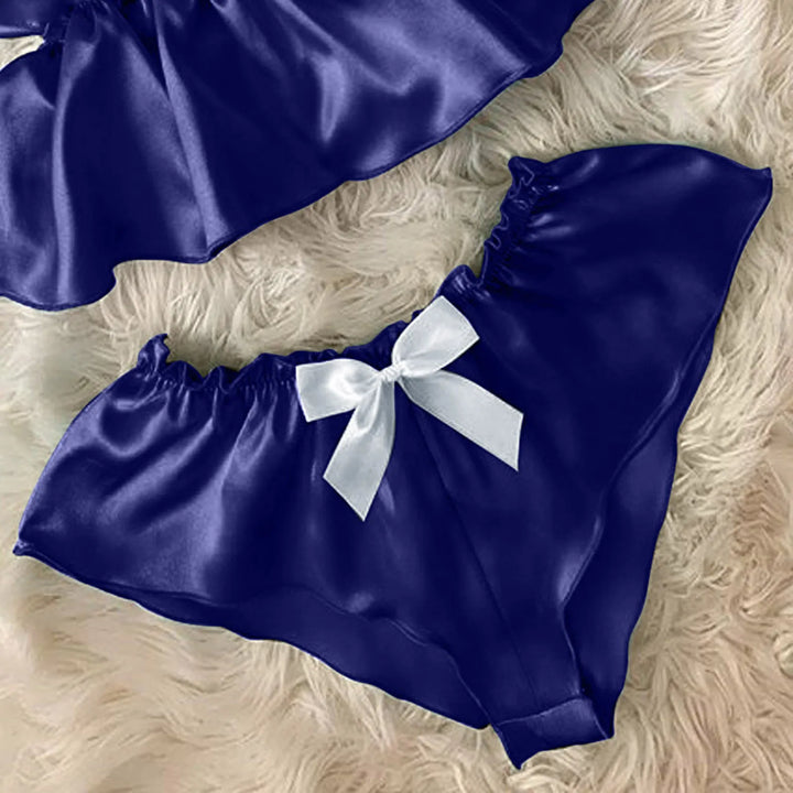 Sexy V-Neck Ruffle Pajama Set – Satin Camisole with Bowknot & Eyelash Lace Shorts