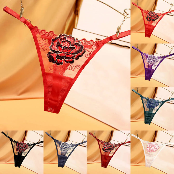 Embroidered Floral Lace Thong – Sexy Low-Waist Cutout Panties for Women