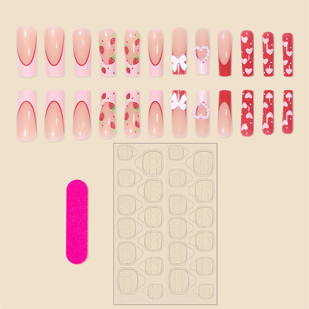 24Pcs Pink Strawberry Press-On Nails – Glossy Reusable False Nails for Women, Artificial Manicure Set