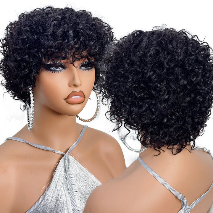 Power Pixie Curl Wig – Short Bouncy Remy Human Hair with Bangs