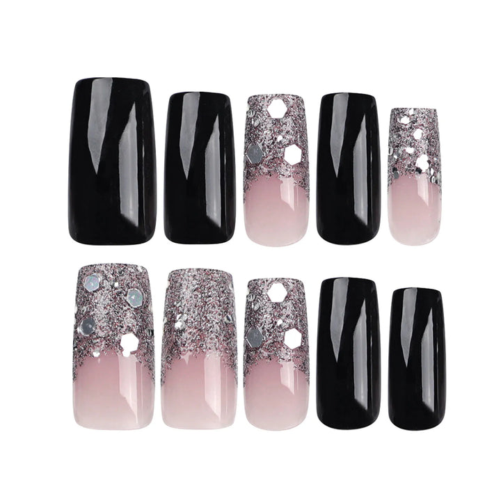 24pcs Black & Nude Squoval Nail Tips – Long Square Ombre Artificial Nails – Removable Resin Manicure Set