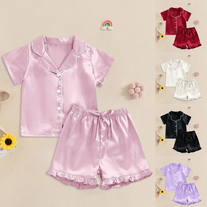 FeatherDreams™ Toddler Satin Pajama Set – Short Sleeve with Feather Trim  For Ages 1–13 Years | Lightweight, Silky & Adorable